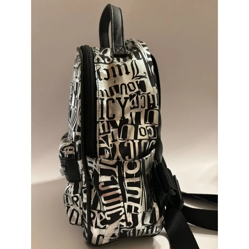 Juicy Couture Y2K Metallic Silver And Black Mini Backpack With Multi Pockets